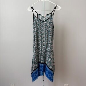 Club Soda Boho Beachy Relaxed Flowy Coastal Floral Sharkbite Dress S Blue